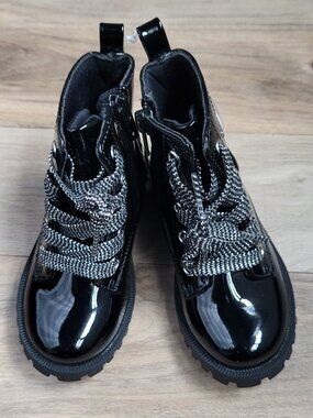 Maggie and Zoe Black Glossy Star Lace Up/Zipper Bootie Size 7